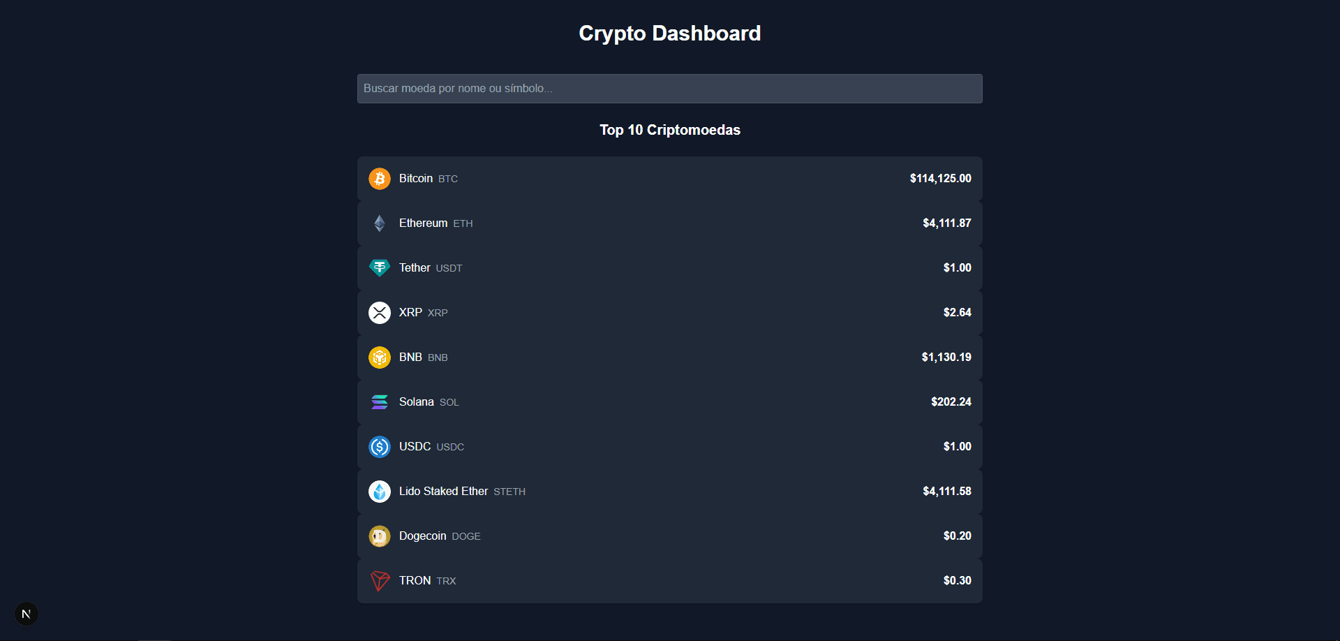 Preview do projeto Crypto Dashboard